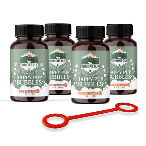 Vermont Ruff Happy Pup Bubbles – 4 Pack Dog Safe Bubbles – 2 Chicken + 2 Beef Flavored – 4oz Bottles – All-Natural Bubbles for Dogs – Indoor & Outdoor Fun – Mental Stimulation & Exercise Toy