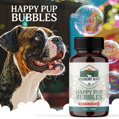 Vermont Ruff Happy Pup Bubbles – 4 Pack Dog Safe Bubbles – 2 Chicken + 2 Beef Flavored – 4oz Bottles – All-Natural Bubbles for Dogs – Indoor & Outdoor Fun – Mental Stimulation & Exercise Toy